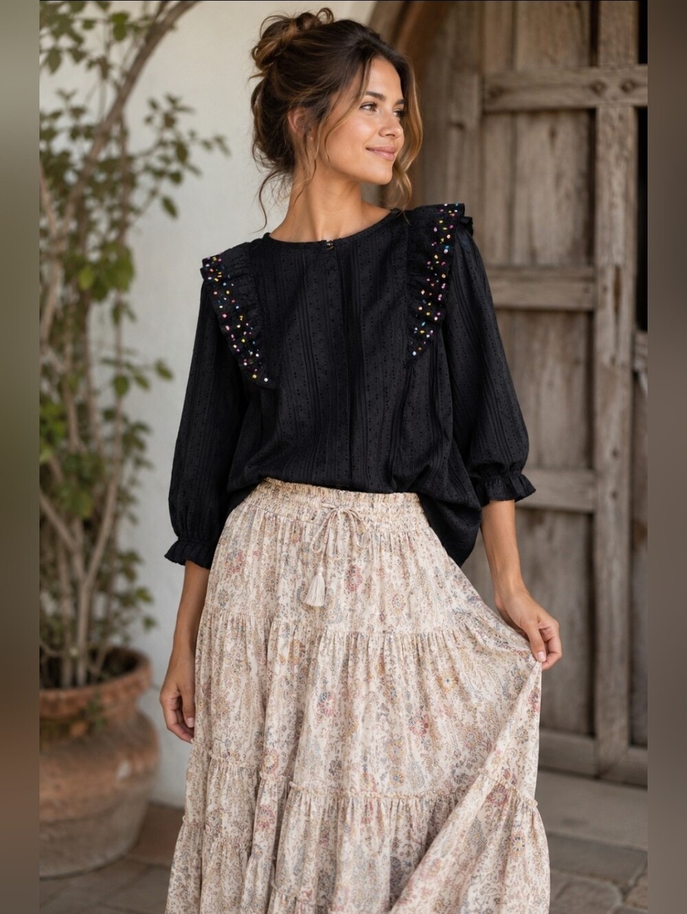Tanya Taylor Black Embroidered Dot Eyelet Blouse